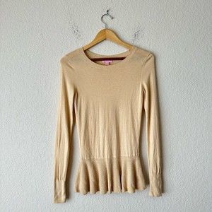 LILLY PULITZER Tan Aurora Peplum Sweater w/ Button in Tan